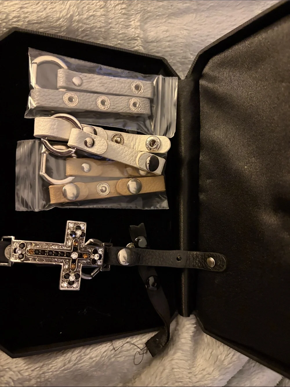 Men's Leather Cross Keychain with Black and Tan Leather Straps